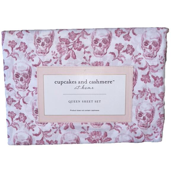 Cupcakes & Cashmere Pink Scroll Toile Floral Halloween Skull QUEEN 4PC Sheet Set - Picture 1 of 3